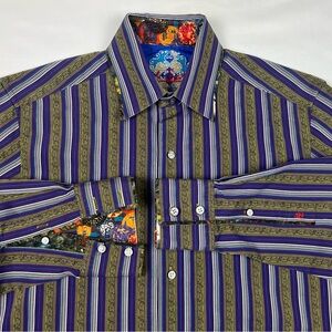 Robert Graham Mens Button Up Shirt Sz Small Flip Cuff Striped Purple C3